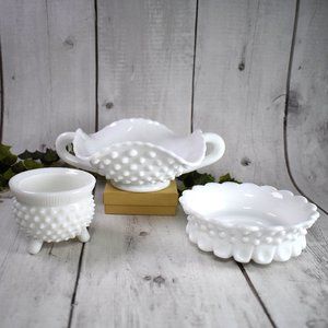 Lot of 3 Vintage Fenton White Hobnail Milk Glass Candy Dishes & Mustard Kettle